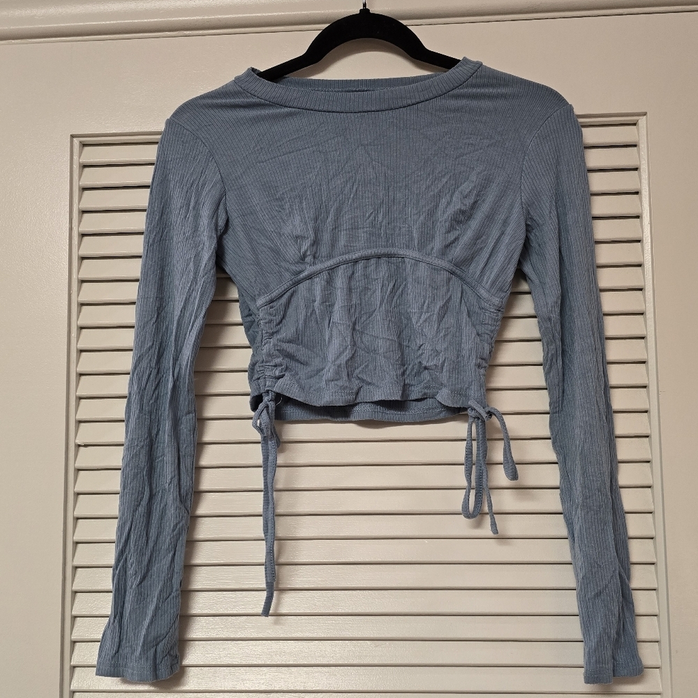 Zaful - Blue Long-Sleeve Ribbed Ruched Tie Sides Cropped Top